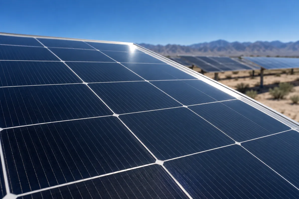 Close-up of a solar panel at midday in the desert